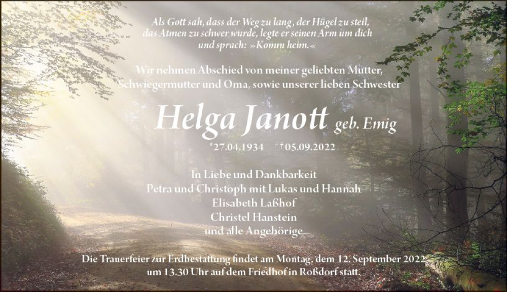  Traueranzeige für Helga Janott vom 10.09.2022 aus vrm-trauer Darmstädter Echo