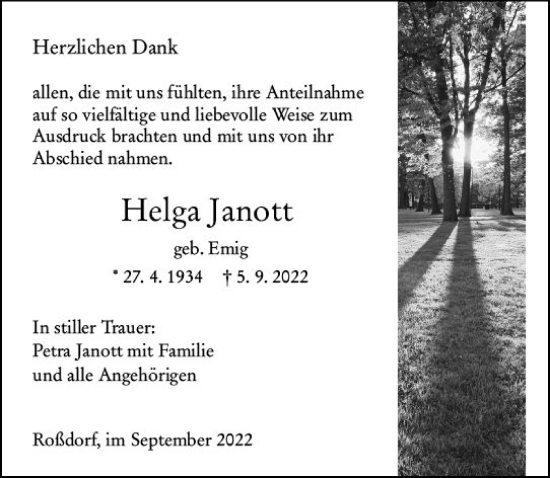 Traueranzeige von Helga Janott von vrm-trauer Darmstädter Echo