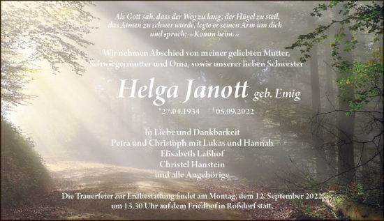 Traueranzeige von Helga Janott von vrm-trauer Darmstädter Echo