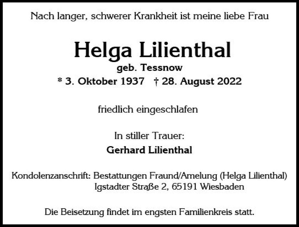  Traueranzeige für Helga Lilienthal vom 03.09.2022 aus vrm-trauer Wiesbadener Kurier