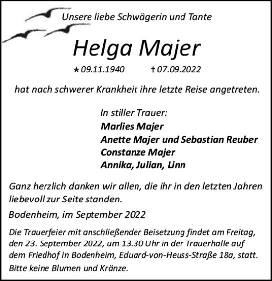 Traueranzeige von Helga Majer von vrm-trauer AZ Mainz
