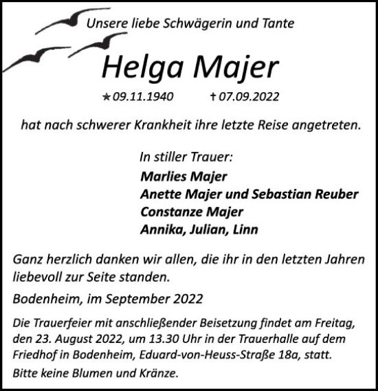 Traueranzeige von Helga Majer von vrm-trauer AZ Mainz
