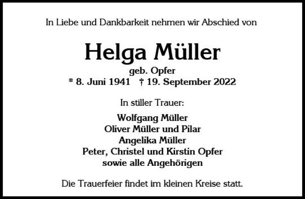  Traueranzeige für Helga Müller vom 01.10.2022 aus vrm-trauer Wiesbadener Kurier