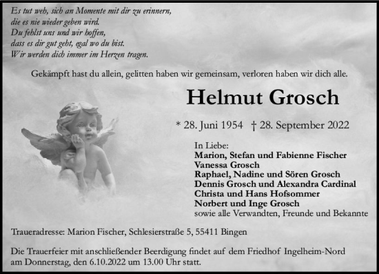 Traueranzeige von Helmut Grosch von vrm-trauer Allgemeine  Zeitung Ingelheim-Bingen