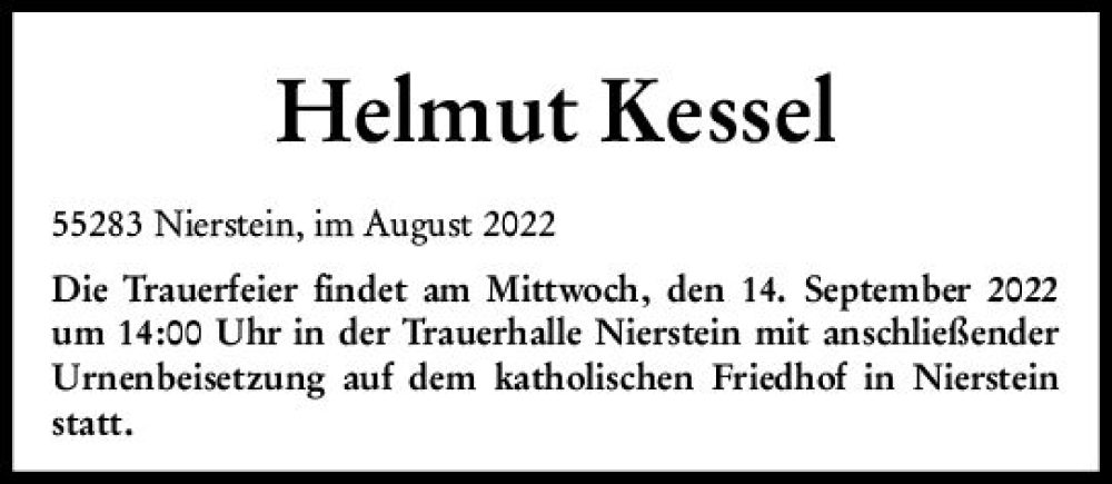  Traueranzeige für Helmut Kessel vom 12.09.2022 aus vrm-trauer AZ Mainz