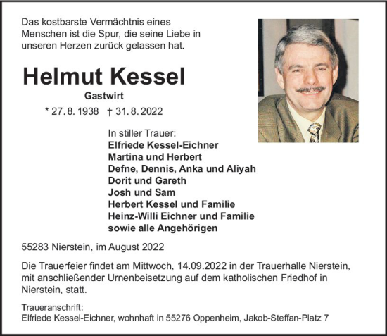 Traueranzeige von Helmut Kessel von vrm-trauer AZ Mainz