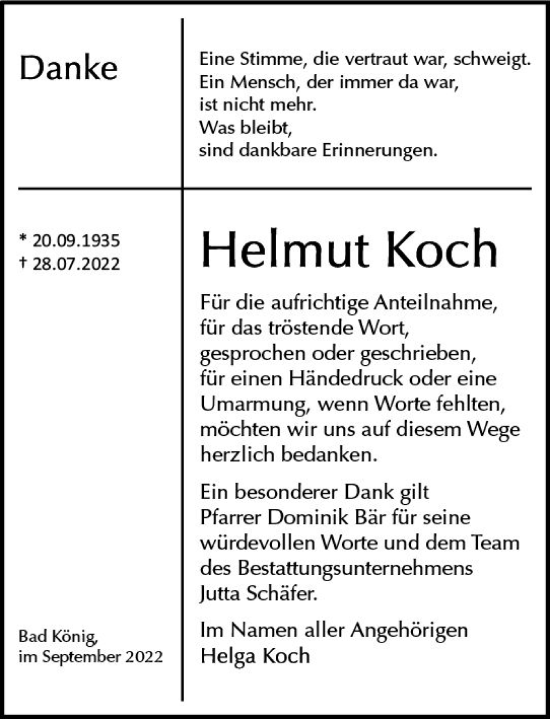 Traueranzeige von Helmut Koch von vrm-trauer Odenwälder Echo
