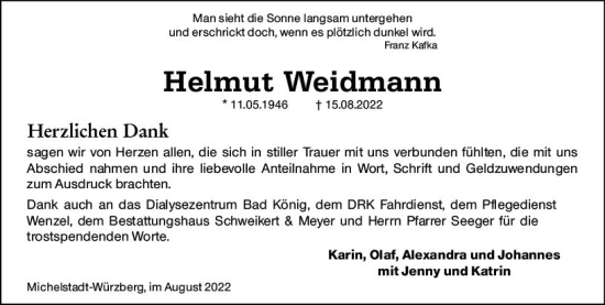 Traueranzeige von Helmut Weidmann von vrm-trauer Odenwälder Echo