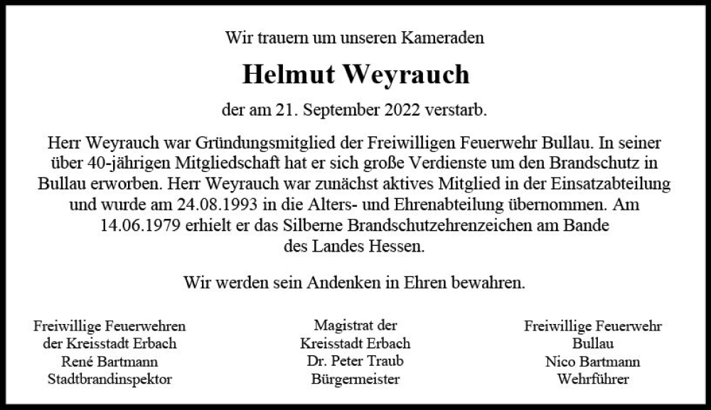  Traueranzeige für Helmut Weyrauch vom 01.10.2022 aus vrm-trauer Odenwälder Echo