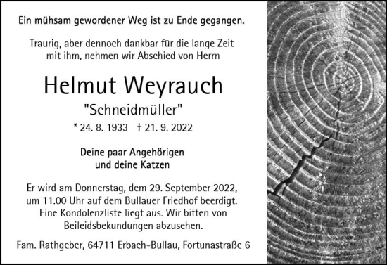 Traueranzeige von Helmut Weyrauch von vrm-trauer Odenwälder Echo