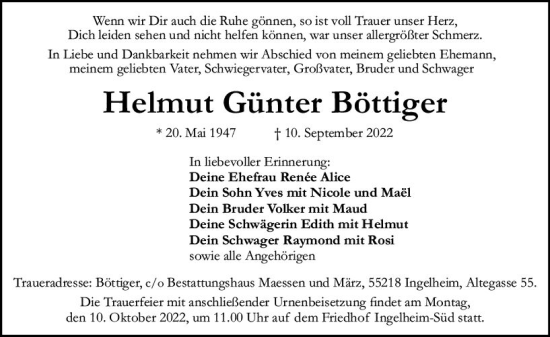Traueranzeige von Helmut Günter Böttiger von vrm-trauer Allgemeine  Zeitung Ingelheim-Bingen