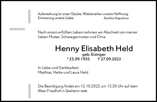 Traueranzeige von Henny Elisabeth Held von vrm-trauer Darmstädter Echo