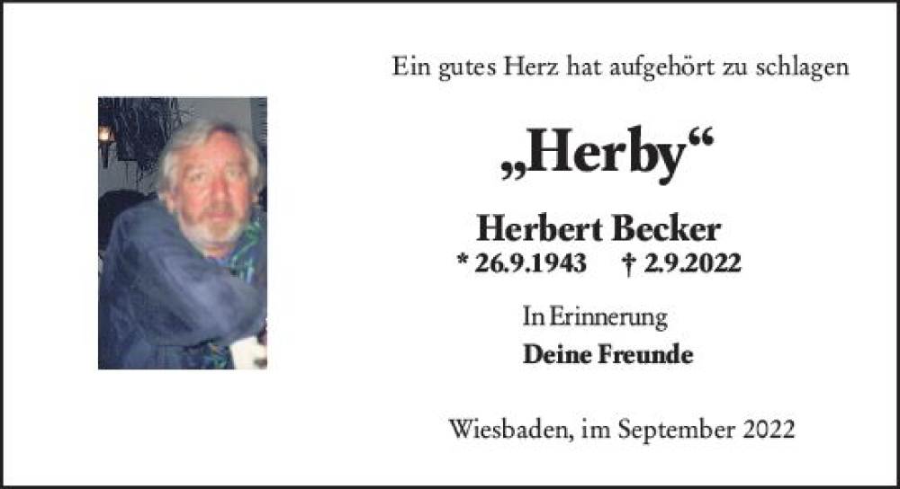  Traueranzeige für Herbert Becker vom 10.09.2022 aus vrm-trauer Wiesbadener Kurier