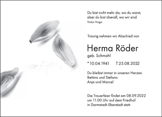 Traueranzeige von Herma Röder von vrm-trauer Darmstädter Echo