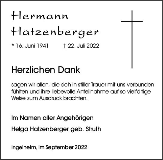 Traueranzeige von Hermann Hatzenberger von vrm-trauer Allgemeine  Zeitung Ingelheim-Bingen
