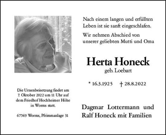 Traueranzeige von Herta Honeck von vrm-trauer Wormser Zeitung