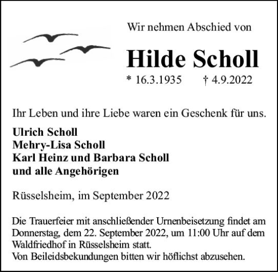Traueranzeige von Hilde Scholl von vrm-trauer Rüsselsheimer Echo / MainSpitze