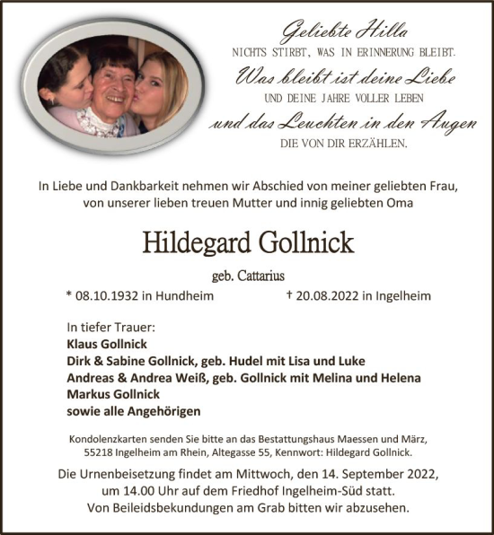 Traueranzeige von Hildegard Gollnick von vrm-trauer Allgemeine  Zeitung Ingelheim-Bingen