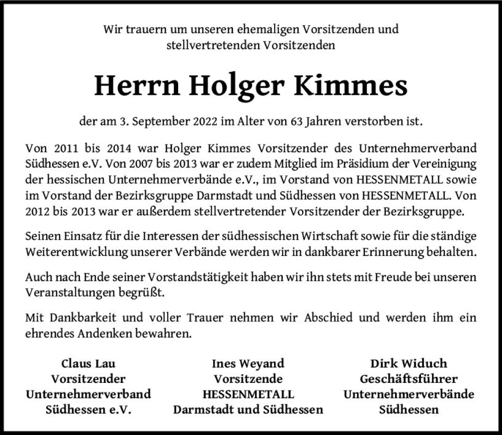  Traueranzeige für Holger Kimmes vom 17.09.2022 aus vrm-trauer Darmstädter Echo