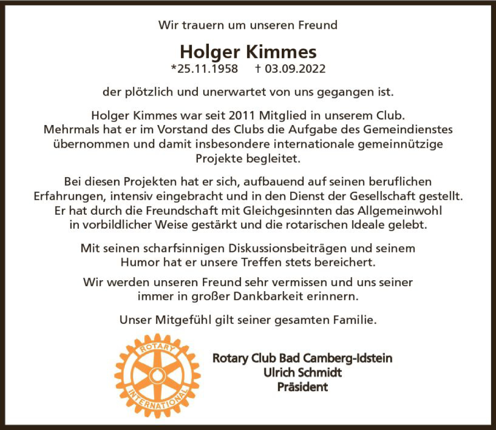  Traueranzeige für Holger Kimmes vom 10.09.2022 aus vrm-trauer Idsteiner Zeitung
