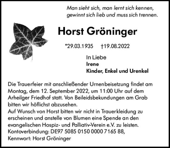 Traueranzeige von Horst Gröninger von vrm-trauer Darmstädter Echo