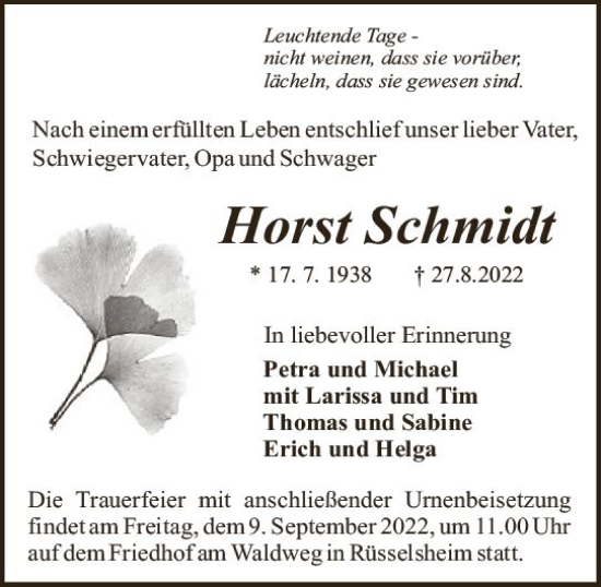 Traueranzeige von Horst Schmidt von vrm-trauer Rüsselsheimer Echo / MainSpitze