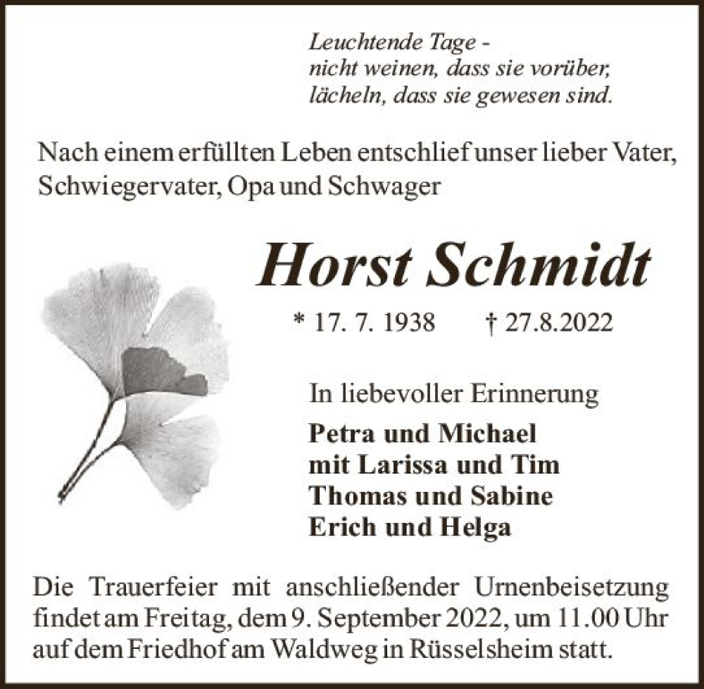  Traueranzeige für Horst Schmidt vom 03.09.2022 aus vrm-trauer Rüsselsheimer Echo / MainSpitze