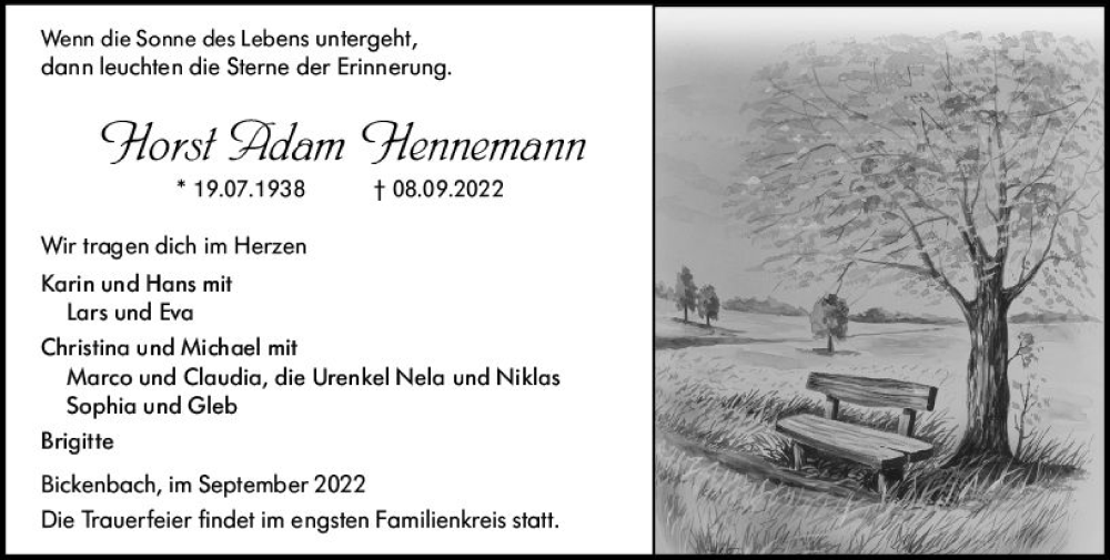  Traueranzeige für Horst Adam Hennemann vom 17.09.2022 aus vrm-trauer Darmstädter Echo