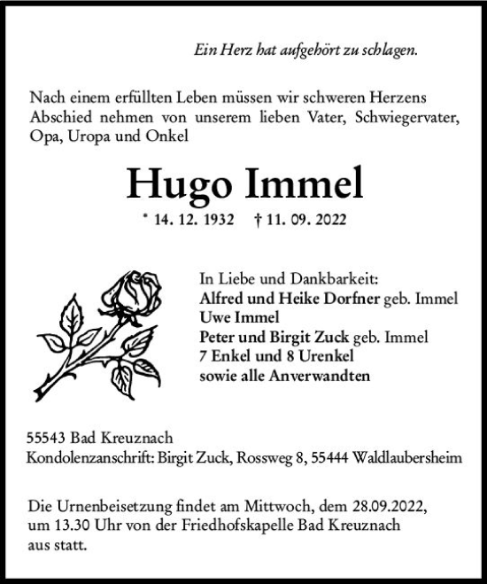 Traueranzeige von Hugo Immel von vrm-trauer Allg. Zeitung Bad Kreuznach
