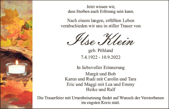 Traueranzeige von Ilse Klein von vrm-trauer Rüsselsheimer Echo / MainSpitze