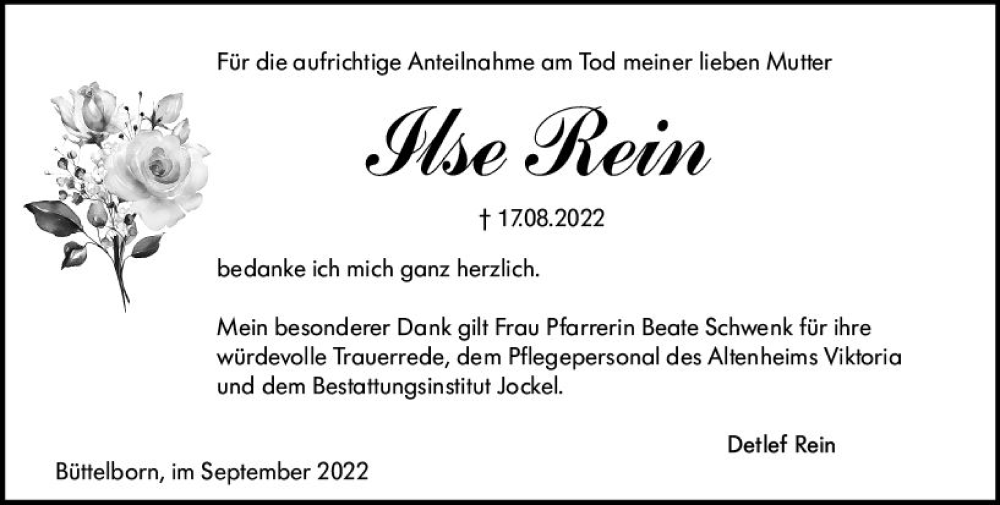 Traueranzeige für Ilse Rein vom 10.09.2022 aus vrm-trauer Groß-Gerauer Echo
