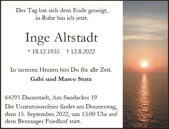 Traueranzeige von Inge Altstadt von vrm-trauer Darmstädter Echo