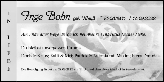 Traueranzeige von Inge Bohn von vrm-trauer Darmstädter Echo