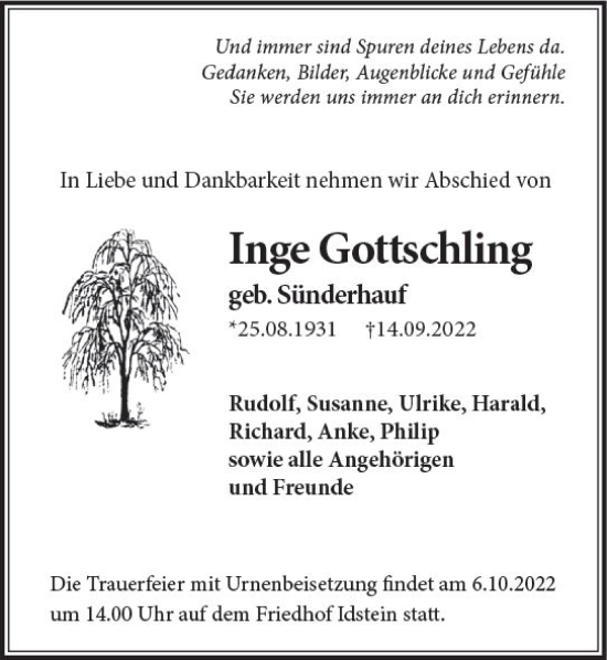 Traueranzeige von Inge Gottschling von vrm-trauer Idsteiner Zeitung