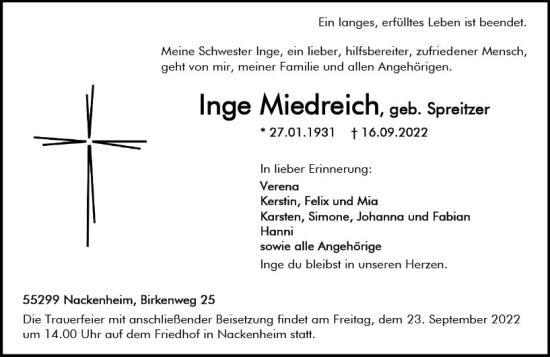 Traueranzeige von Inge Miedreich von vrm-trauer AZ Mainz