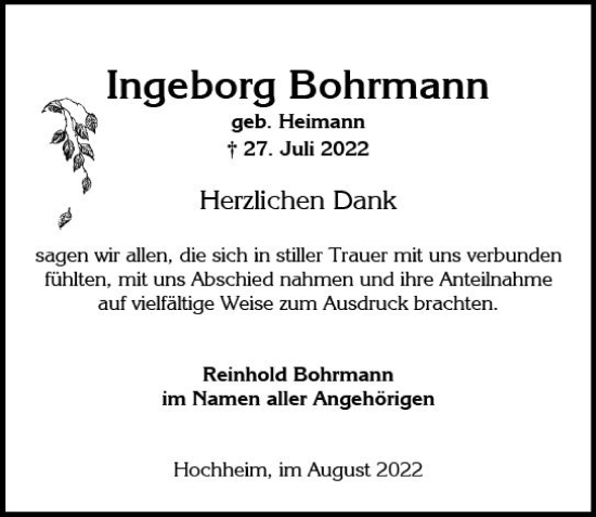 Traueranzeige von Ingeborg Bohrmann von vrm-trauer Wiesbadener Kurier