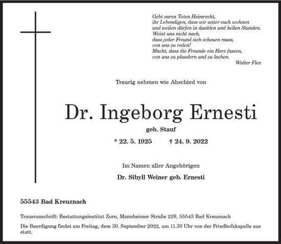 Traueranzeige von Ingeborg Ernesti von vrm-trauer Allg. Zeitung Bad Kreuznach