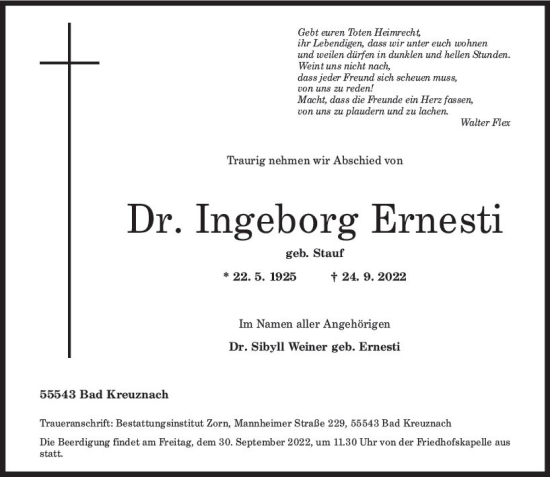 Traueranzeige von Ingeborg Ernesti von vrm-trauer Allg. Zeitung Bad Kreuznach