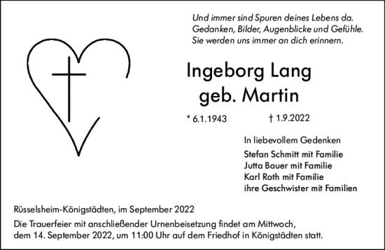 Traueranzeige von Ingeborg Lang von vrm-trauer Rüsselsheimer Echo / MainSpitze