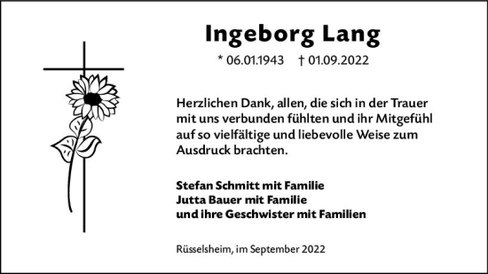 Traueranzeige von Ingeborg Lang von vrm-trauer Rüsselsheimer Echo / MainSpitze