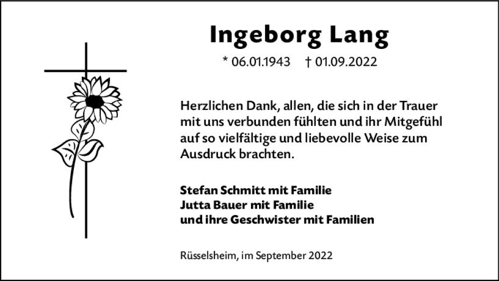  Traueranzeige für Ingeborg Lang vom 24.09.2022 aus vrm-trauer Rüsselsheimer Echo / MainSpitze