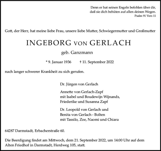 Traueranzeige von Ingeborg von Gerlach von vrm-trauer Darmstädter Echo