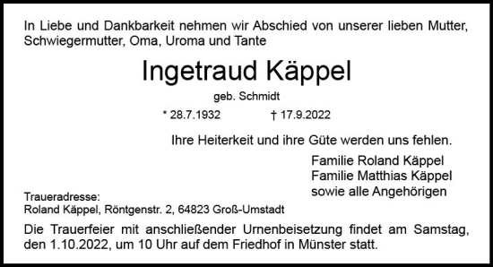 Traueranzeige von Ingetraud Käppel von vrm-trauer DieburgerAnzeiger/Groß-Zimmerner Lokala