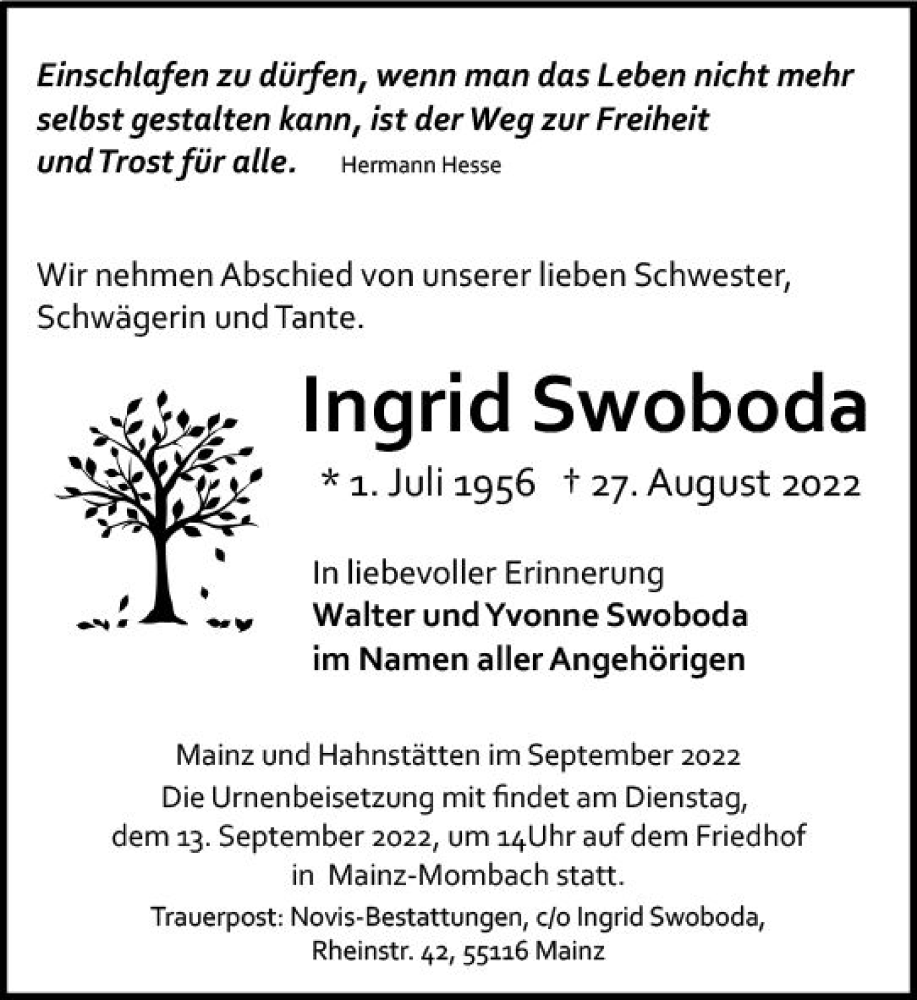  Traueranzeige für Ingrid Swoboda vom 10.09.2022 aus vrm-trauer AZ Mainz