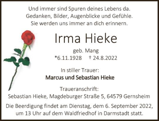 Traueranzeige von Irma Hieke von vrm-trauer Darmstädter Echo