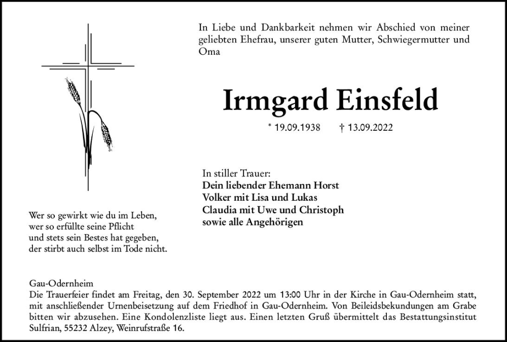 Traueranzeige für Irmgard Einsfeld vom 24.09.2022 aus vrm-trauer Allgemeine Zeitung Alzey