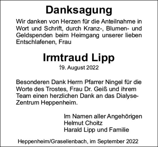 Traueranzeige von Irmtraud Lipp von vrm-trauer Bürstädter/Lamperth. Ztg/Starkenburger