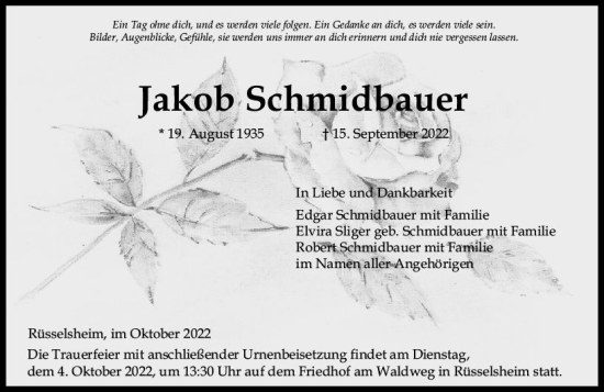 Traueranzeige von Jakob Schmidbauer von vrm-trauer Rüsselsheimer Echo / MainSpitze