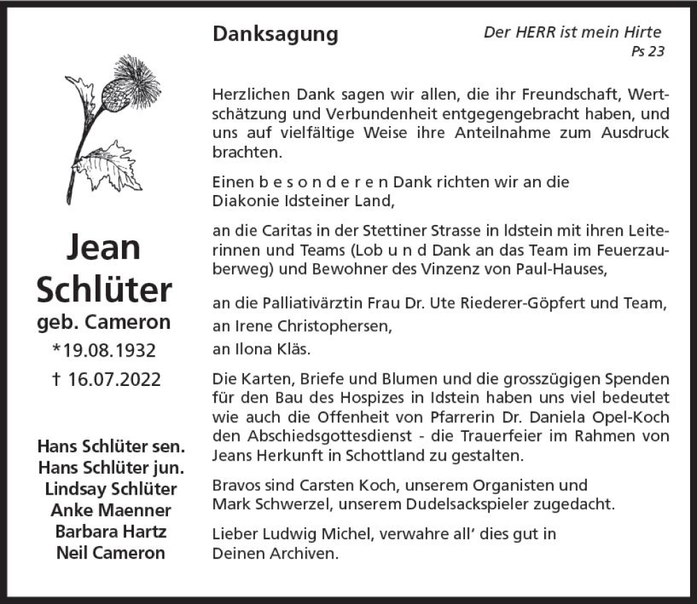  Traueranzeige für Jean Schlüter vom 17.09.2022 aus vrm-trauer Idsteiner Zeitung