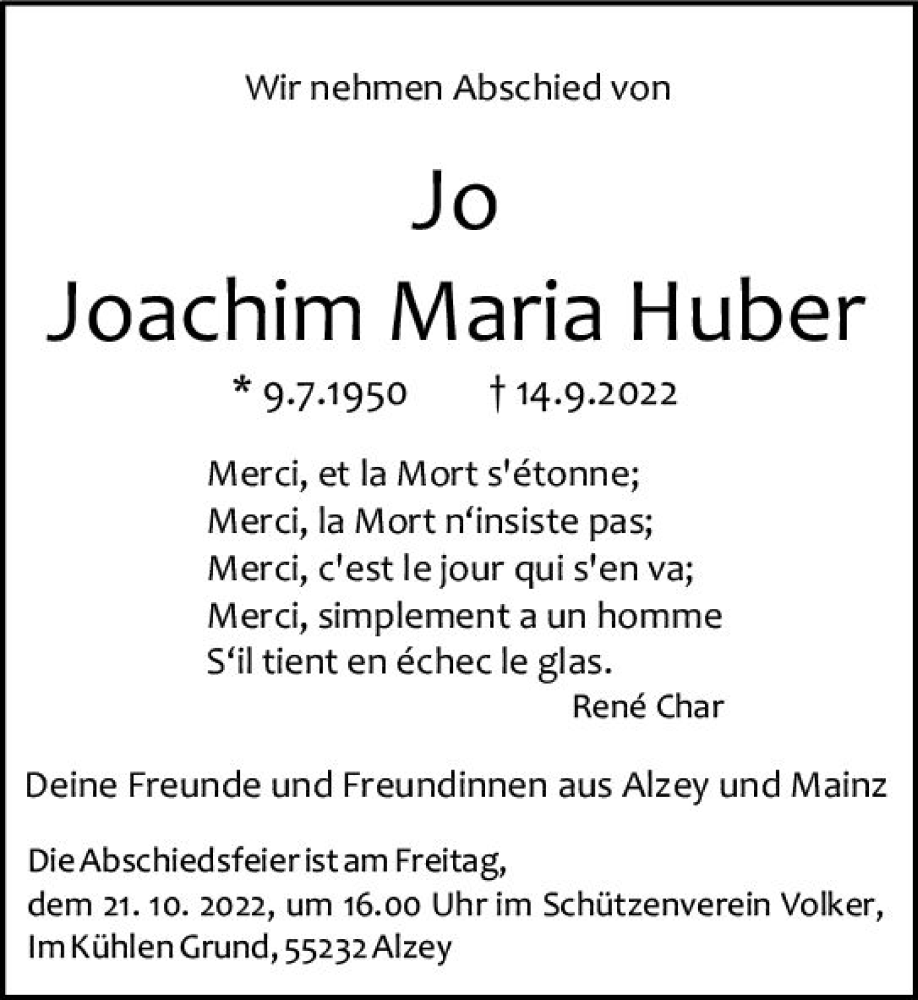  Traueranzeige für Joachim Maria Huber vom 01.10.2022 aus vrm-trauer Allgemeine Zeitung Alzey